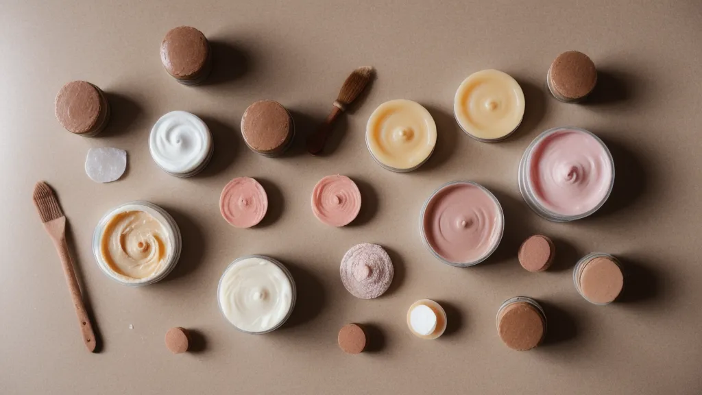 Arcillas faciales de colores en un puesto de feria de cosmética natural, listas para vender