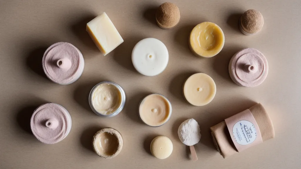 Emprendedora de skincare artesanal organizando su inventario en un exhibidor de madera para ferias