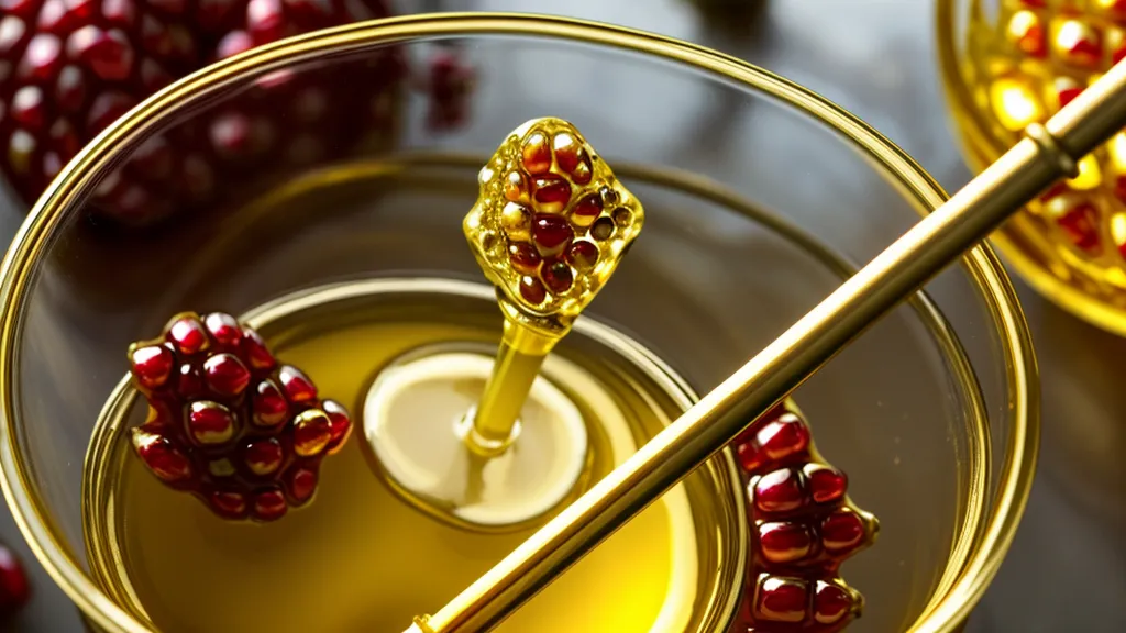 Primer plano de aceite de semilla de granada dorado mezclándose en un vaso de laboratorio.
